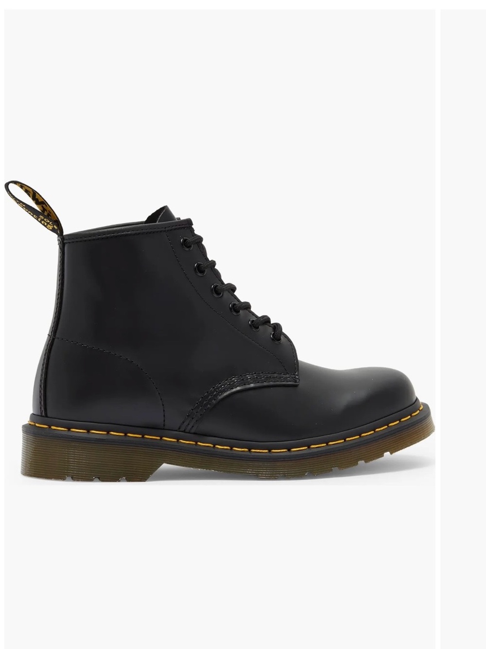 Dr. Martens Black Leather 8-Eye Lace Boot with Yellow Stitching